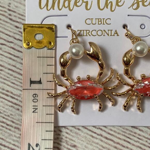 Under The Sea Crab Earrings Cubic Zirconia Faux Pearl Fishhook Style Cancer - Picture 9 of 9